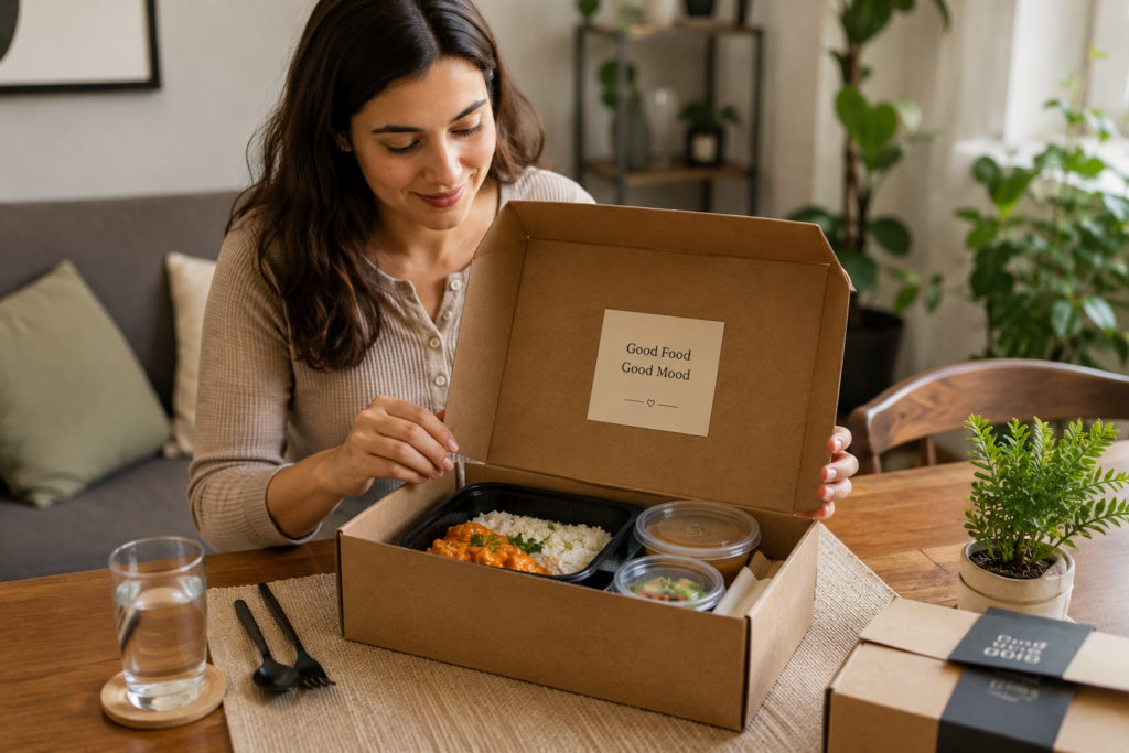 a customer unboxing a delivery meal at home, packaging still neat and food undisturbed.