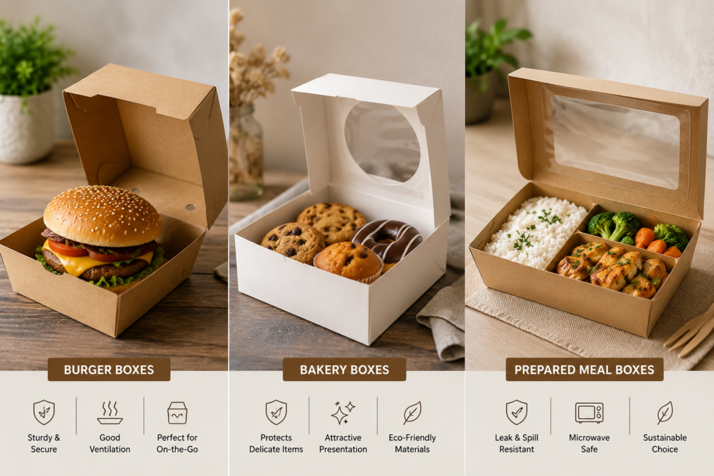  a side-by-side comparison of different food boxes designed for burgers, bakery goods, and prepared meals