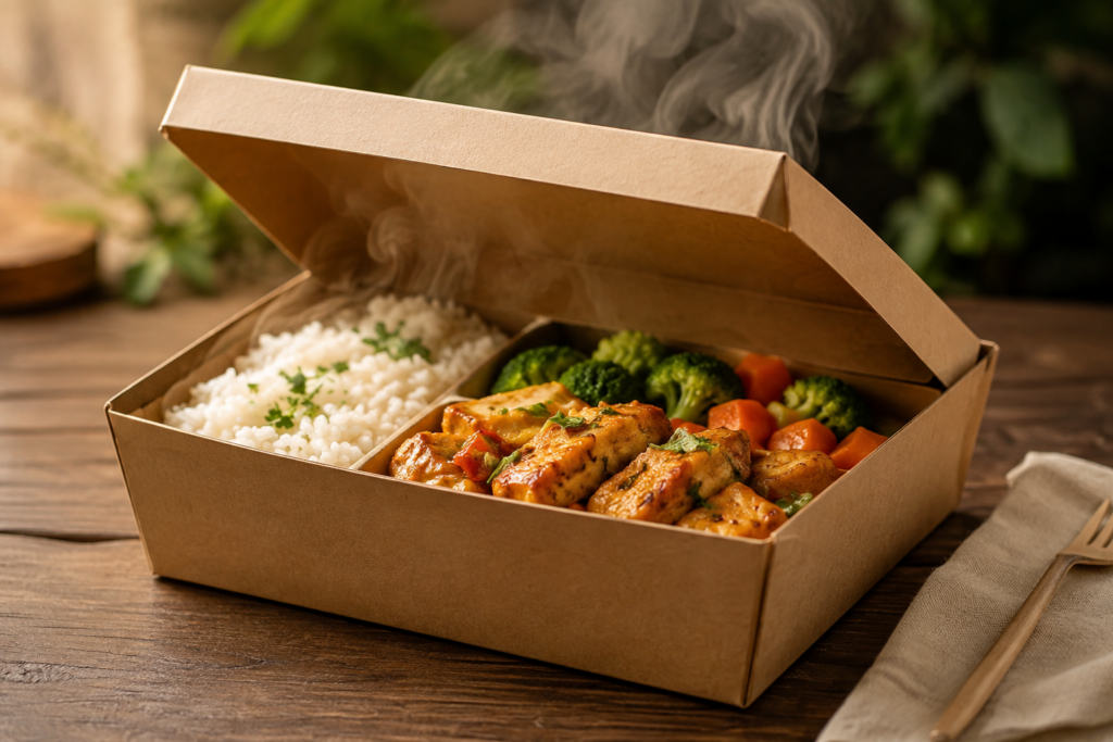a takeaway meal neatly presented in an attractive food box, lid partly open, steam still visible