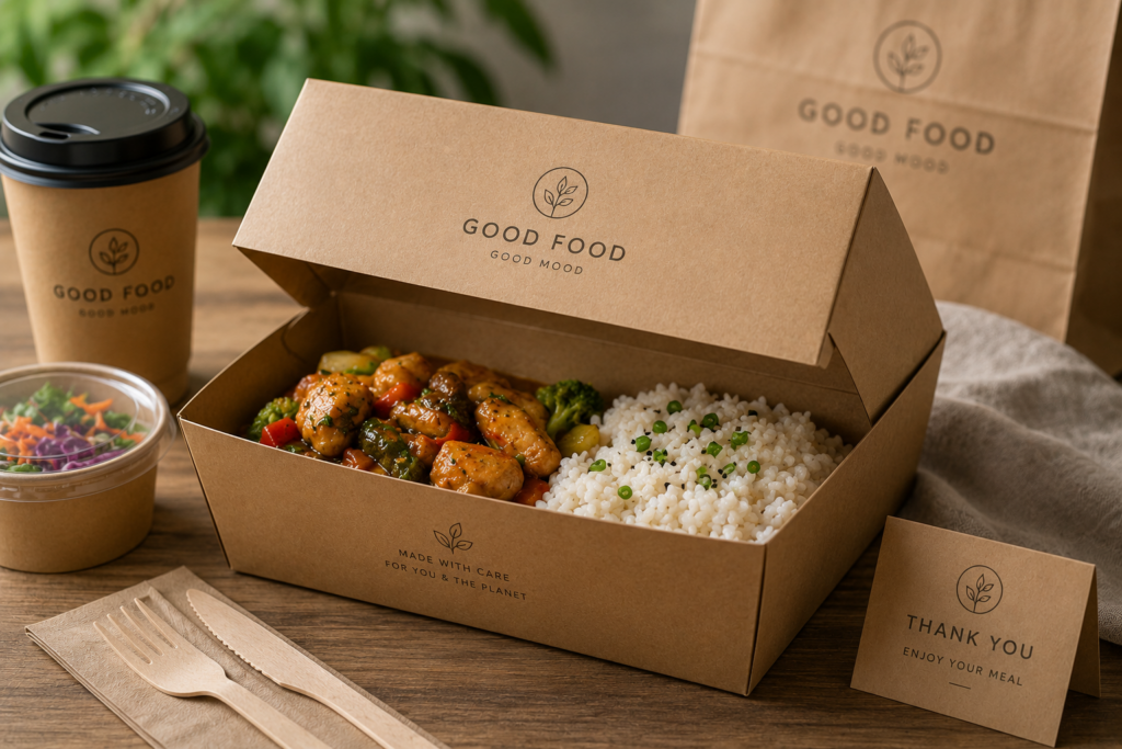 branded takeaway packaging with subtle logo printing on a kraft-style box.