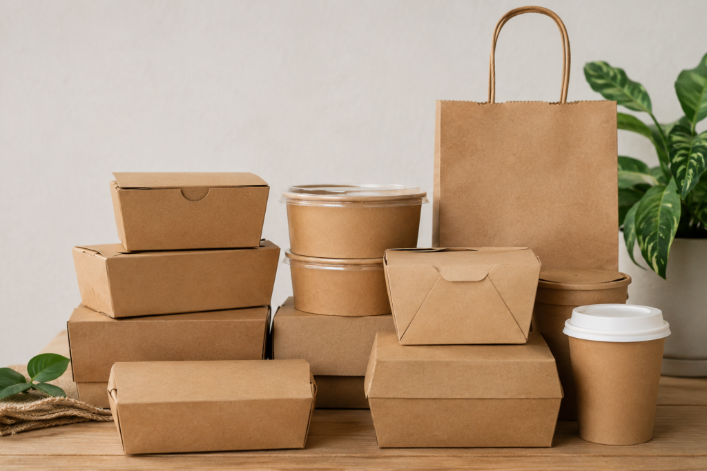 kraft paper or recyclable takeaway boxes stacked neatly, showing a natural, minimal-print finish